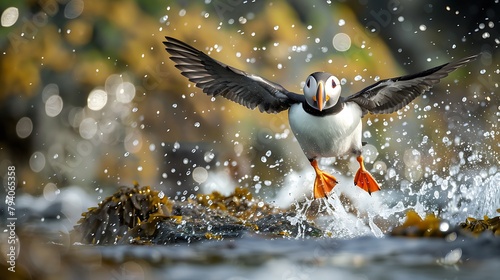 Puffin flying over the sea photo