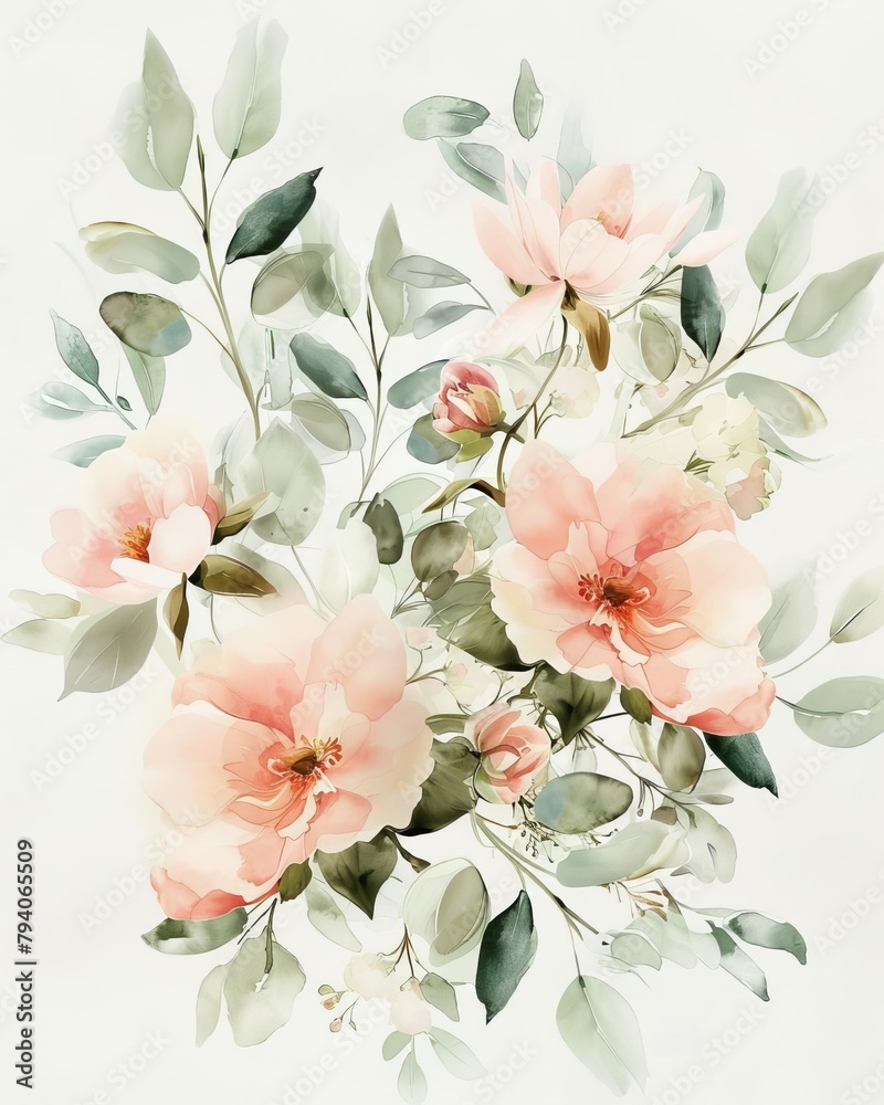 A watercolor painting of pink and white flowers with green leaves.