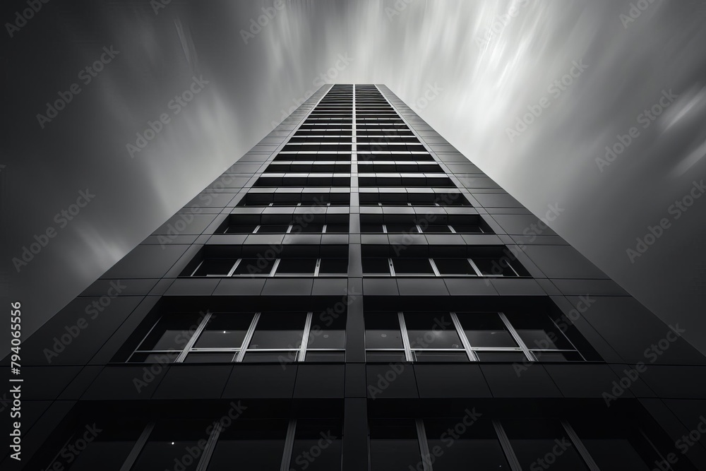 A tall skyscraper with a dark and cloudy sky in the background. A tall skyscraper with a dark and cloudy sky in the background.