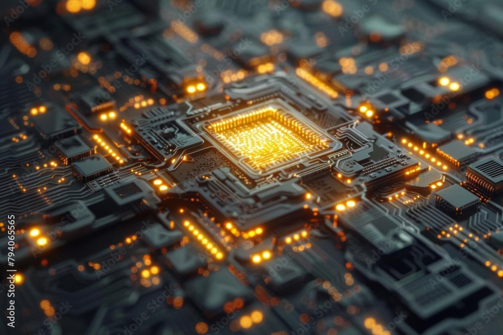 futuristic quantum computing processor chip with glowing circuits 3d render