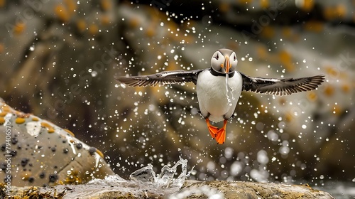 Puffin flying over the sea photo