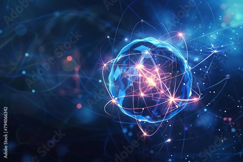 glowing atom structure on dark blue background futuristic scientific illustration