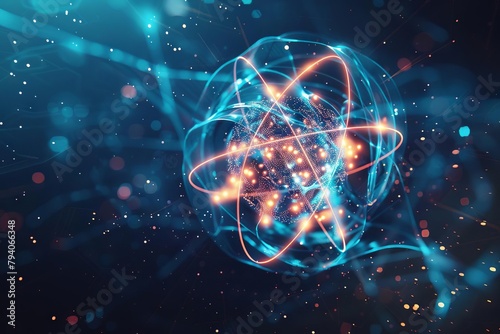 glowing atom structure on dark blue background futuristic scientific illustration