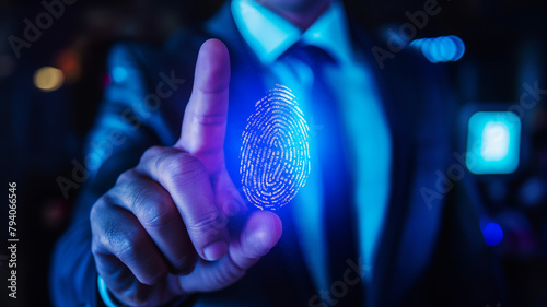 Business concept. Information management center. Administrator passes fingerprint check to access company information. Security of company information.