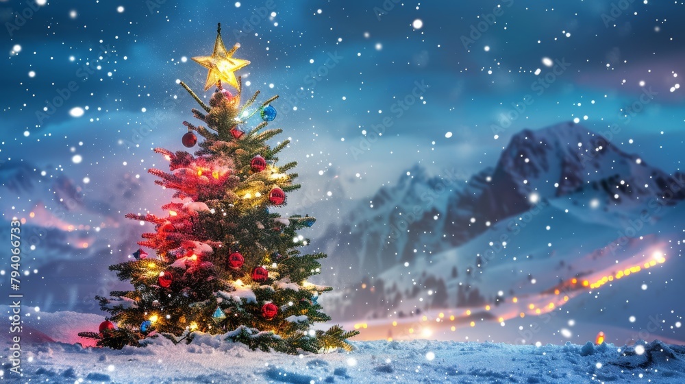 Naklejka premium Christmas tree with ornaments in the winter wonderland landscape, snow, night, decorated xmas tree - festive and lights, holiday and celebration 