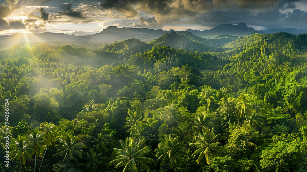 panoramic view of the tropical jungle, tropical forest scenery, tropical green landscape - obrazy, fototapety, plakaty 