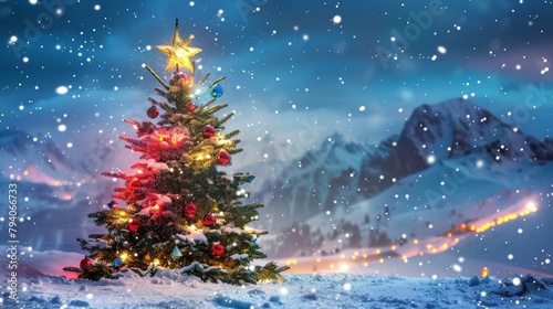 Christmas tree with ornaments in the winter wonderland landscape, snow, night, decorated xmas tree - festive and lights, holiday and celebration  © PetrovMedia