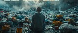 Man immersed in online gaming among piles of trash observed from the back. Concept Online Gaming Addiction, Environmental Neglect, Digital Detox, Excessive Screen Time, Impact of Technology