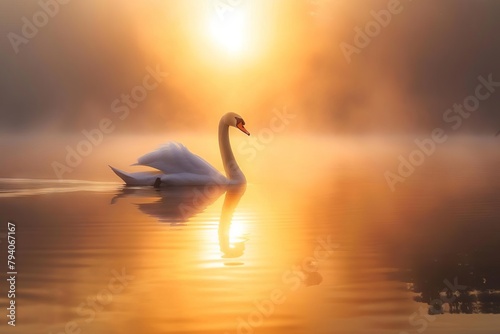 graceful swan gliding on misty lake at sunrise serene nature scene #794067167