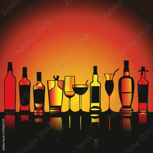 Assorted Alcohol Bottles and Glasses Illustration