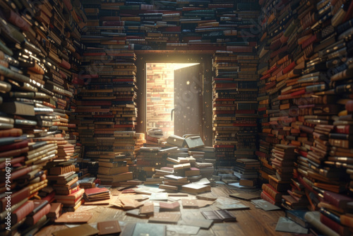 A mysterious doorway made of books  with light emanating from within.