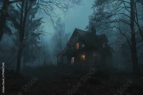 haunted abandoned house in misty forest on eerie halloween night