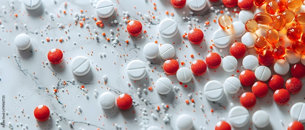 White countertop scattered with prescription pills symbolizing opioid addiction crisis. Concept Opioid Crisis, Prescription Pills, Addiction Awareness, Health Care, Substance Abuse White countertop scattered with prescription pills symbolizing opioid addiction crisis. Concept Opioid Crisis, Prescription Pills, Addiction Awareness, Health Care, Substance Abuse