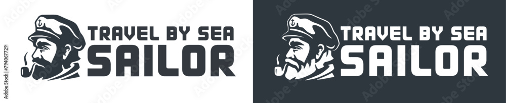 Stylized vector logo featuring a confident sailor with a captain's hat and the text travel by sea, perfect for nautical themes, sea travel, and maritime businesses Stylized vector logo featuring a confident sailor with a captain's hat and the text travel by sea, perfect for nautical themes, sea travel, and maritime businesses
