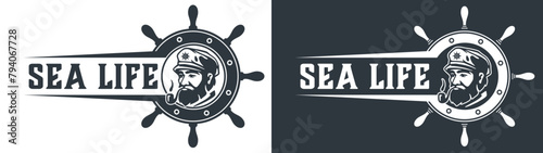 Graphic emblem featuring a stylized man in a captain's hat centered within a ship's wheel, encapsulating the adventurous essence of sea life and nautical exploration