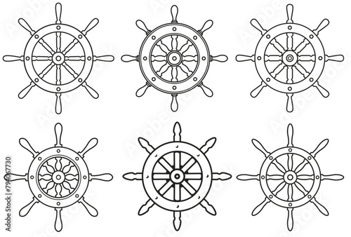 Collection of detailed ship helms depicting various styles of classic nautical steering wheels, set of ship wheels for marine designs and decorations
