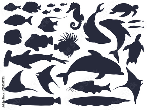 Comprehensive set of nautical silhouettes featuring various marine animals for sea designs, educational materials, and artistic compositions with a focus on aquatic wildlife