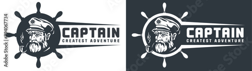 Vintage styled emblem of a bearded sailor captain wearing a nautical hat, framed by a ship's wheel, with the text captain - greatest adventure