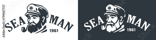 Bearded ship captain with a pipe and peaked cap for marine nautical design