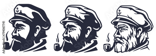 Set of bearded ship captain with a pipe and peaked cap for marine nautical design