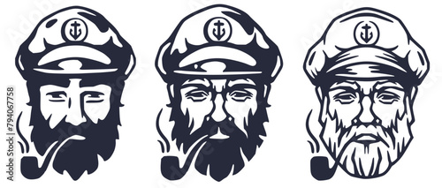 Collection of vintage nautical captain portraits. Set with bearded sailors wearing captain hats and pipes, showcasing their leadership and authority at sea