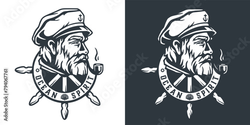 Graphic emblem featuring a stylized man in a captain's hat centered within a ship's wheel, encapsulating the adventurous essence of sea life and nautical exploration