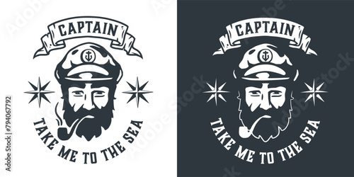 Black and white vector illustration of a nautical captain with a beard, wearing a sailor hat, encapsulated by an ocean spirit banner, representing a timeless maritime theme