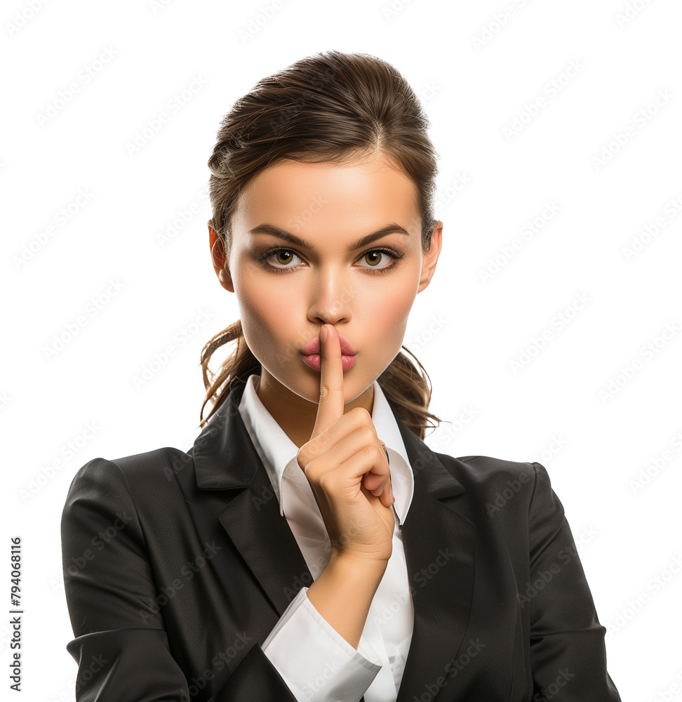 Businesswoman Shush Silence Gesture Isolated on Transparent Background
Businesswoman Shush Silence Gesture Isolated on Transparent Background