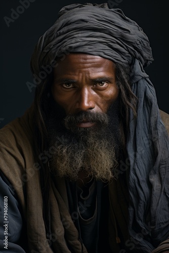 Muslim man posing in desert, close up portrait