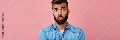 Man requesting additional time with concerned expression in blue casual shirt, isolated on pink background. photo