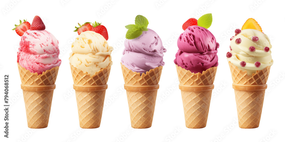 Different Flavor Ice Cream in Cone Set Isolated on Transparent Background
Different Flavor Ice Cream in Cone Set Isolated on Transparent Background