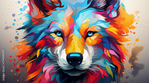 Vibrant Abstract Wolf Head Art in Colorful Splashes © heroimage.io