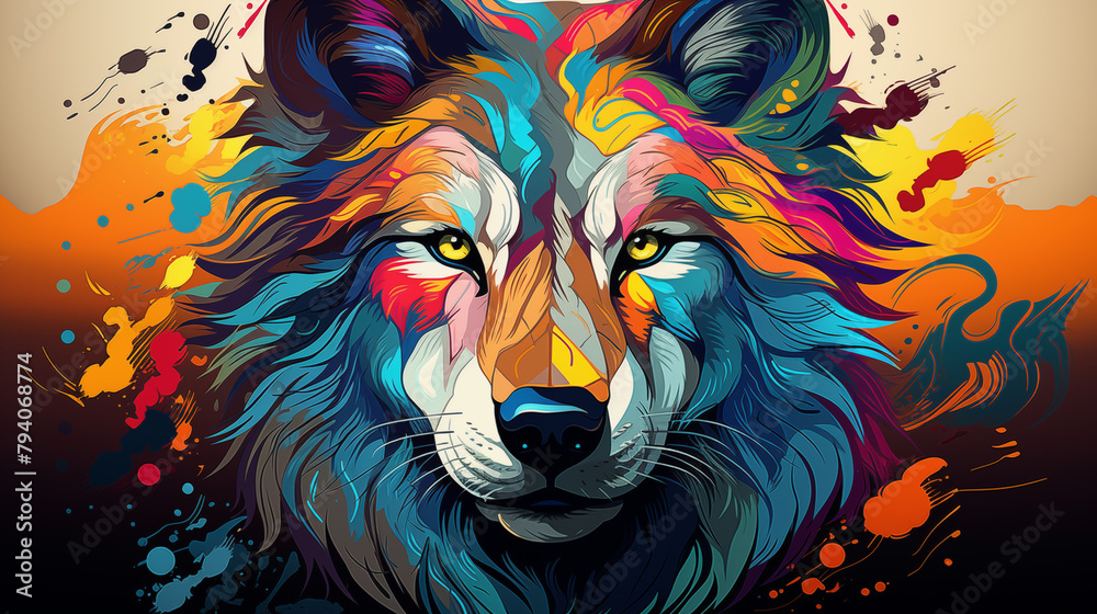 Vivid Abstract Wolf Face Illustration with Color Splatter