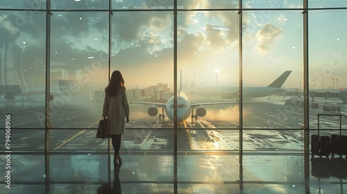 Young woman in airport terminal woth bag waiting for travel with aiplane in the background photo