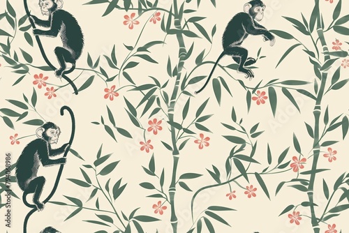 Seamless, playful monkey and bamboo shoot pattern. photo