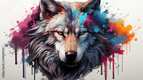 Vivid Wolf Art with Colorful Paint Splatter Background