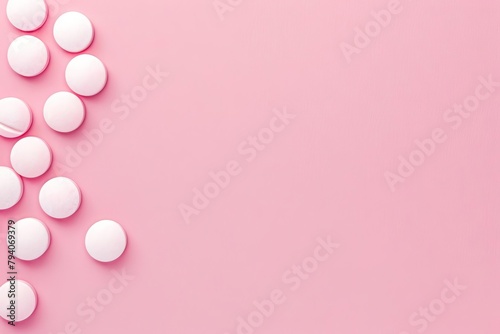 ibuprofen medicine tablet pills for migraine fever pain relief top view on pastel pink background © Lucija