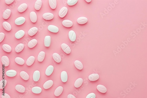 ibuprofen medicine tablet pills for migraine fever pain relief top view on pastel pink background