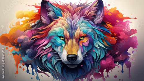 Colorful Abstract Wolf Portrait with Paint Splatters
