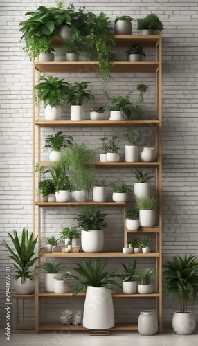Abundant Greenery in Pots on Natural Wood Cabinet