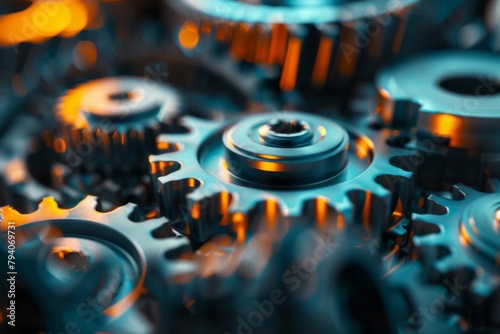 industrial cogwheels and gears in motion abstract technological background with depth of field 3d render