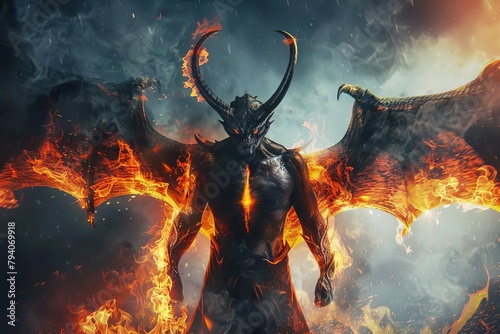 infernal demon with burning horns and wings hellish fantasy creature portrait photo