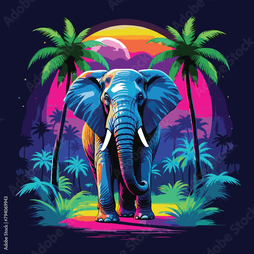 A Elephant With Palm Trees and Retro Sun Vintage Colorful Retro Style