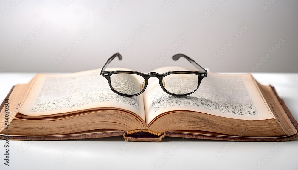 Old glasses on an open book with minimalist background