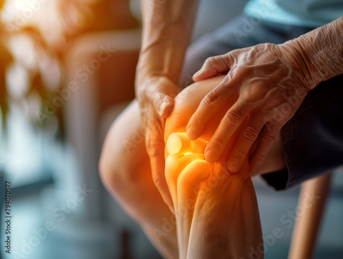 Close-up of an elderly person's hands on their knee, with a glowing overlay indicating joint pain, highlighting the issue of knee discomfort in older adults