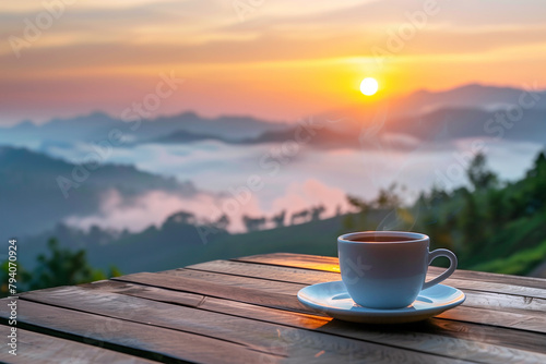 Coffee set on wooden table with mountain fog on shade of sunrise background. photo