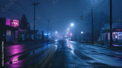 Empty street of small town at night wet asphalt