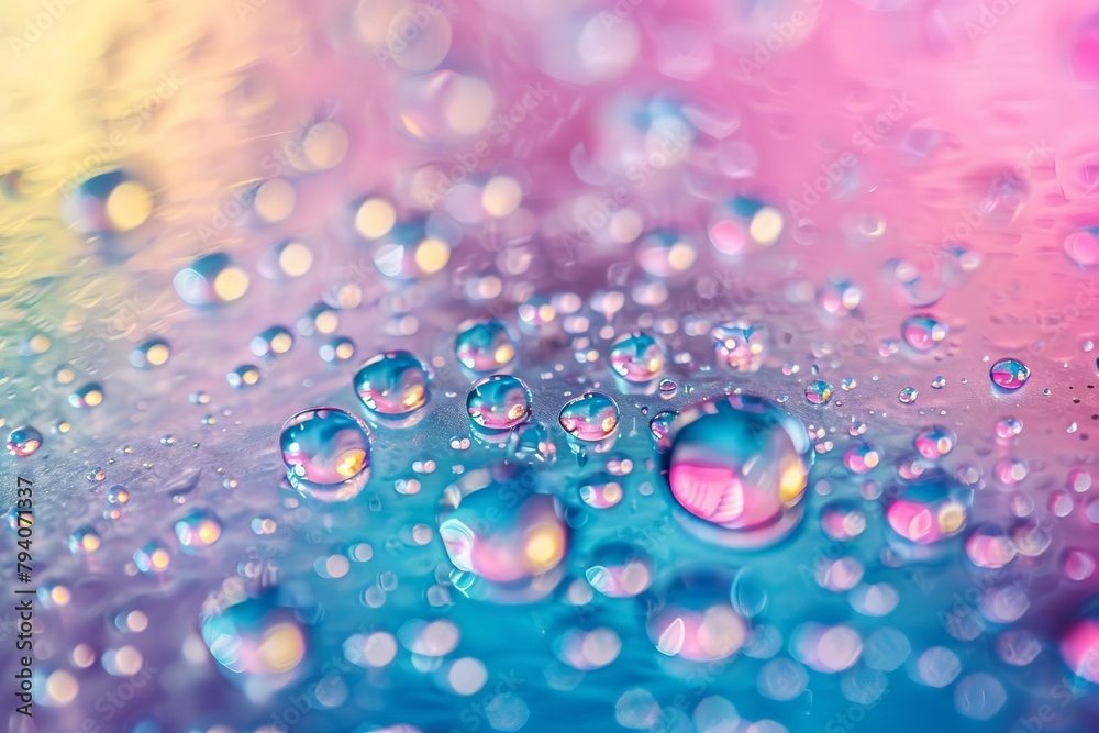 iridescent water droplets on transparent surface abstract liquid background