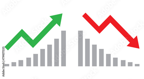 Graph going Up and Down sign with green and red arrows vector. Flat design vector illustration concept of sales bar chart symbol icon with arrow moving down and sales bar chart with arrow moving up.