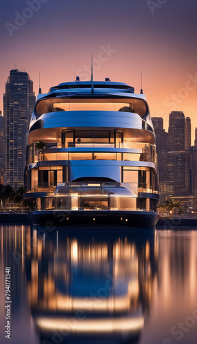 Luxury megayacht with futuristic design against urban night skyline photo